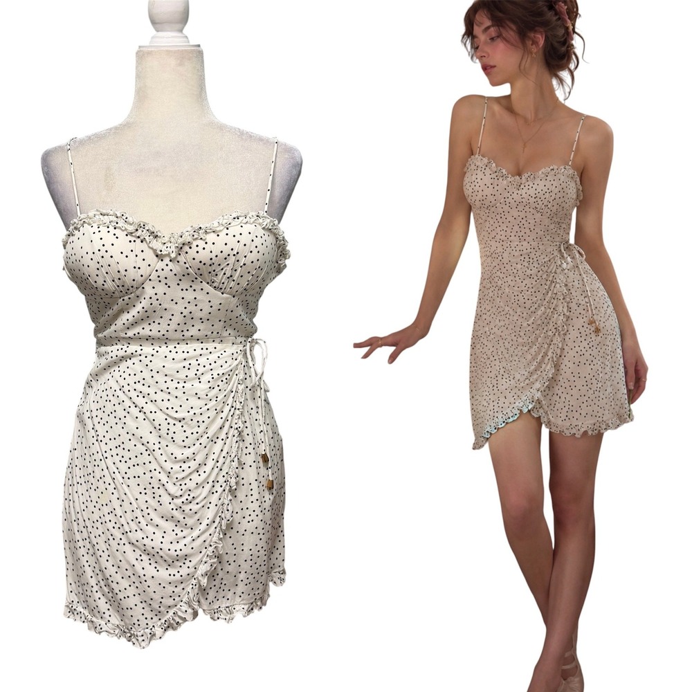 Womens XS Mini Dress White Polka Dot Ruffle Faux Wrap Romantic Feminine Coquette